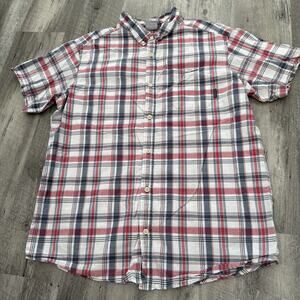 Columbia Shirt Mens XL Red Blue Plaid Button Up Cotton Short Sleeve Outdoors